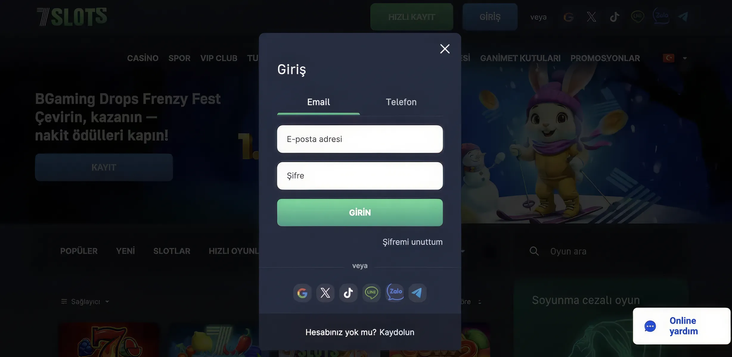 Slots 7 giriş ve üyelik kayıt süreci 7Slots ekranı